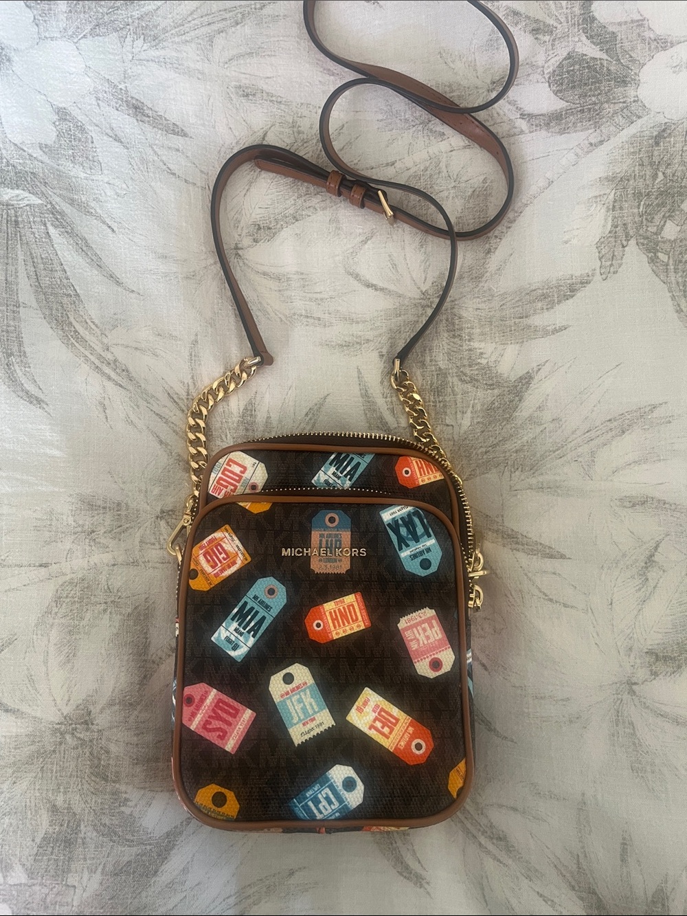 Michael Kors Brown Crossbody with Multicolor Tag Print